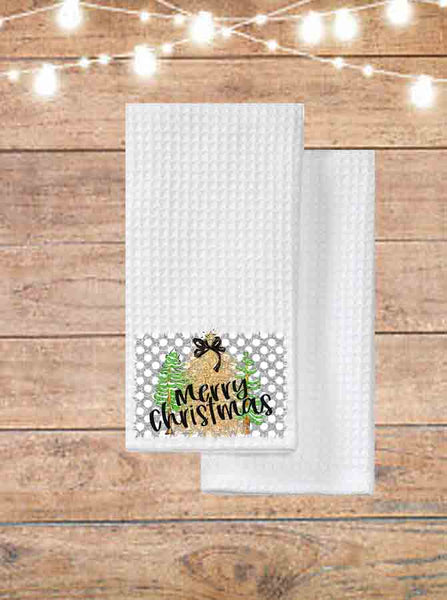 Merry Christmas With Gold Tree Kitchen Towel