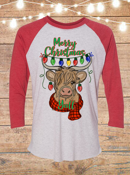 Merry Christmas Yall Cow Raglan T-Shirt