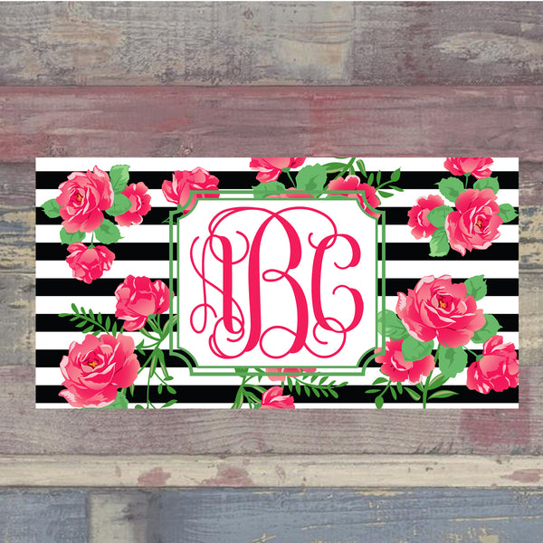 Black and White Stripe Floral License Plate