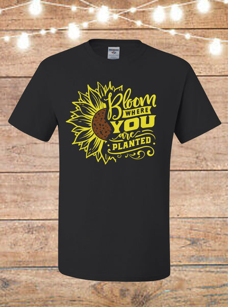 Bloom Where You Are Planted Sunflower Black T-Shirt