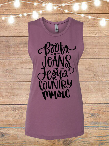 Boots Jeans Jesus and Country Music Sleeveless T-Shirt