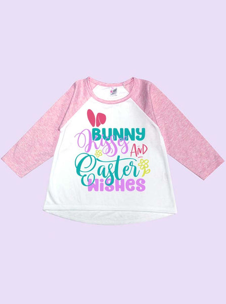 Bunny Kisses And Easter Wishes Girl Toddler Long Sleeve Raglan T-Shirt