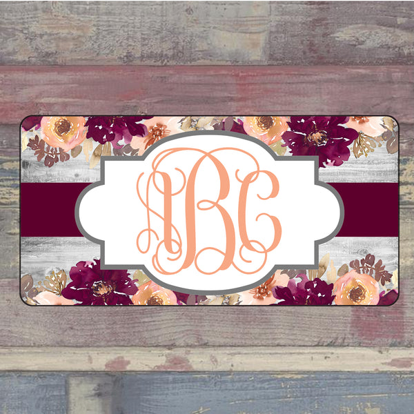 Burgundy and Coral Floral License Plate
