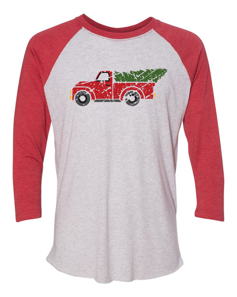 Distressed Christmas Truck With Tree Red Raglan Shirt