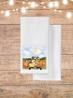 Fall At The Farm Cow in Vintage Truck With Chickens and Pumpkins Kitchen Towel