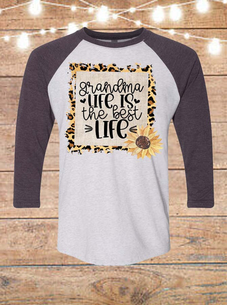 Grandma Life Is The Best Life Leopard Sunflower Raglan T-Shirt