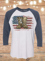 Hand Drawn American Flag with Army Combat Boots Raglan T-Shirt