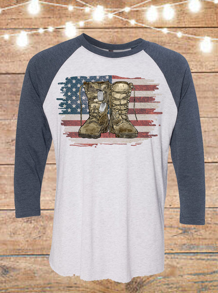Hand Drawn American Flag with Army Combat Boots Raglan T-Shirt