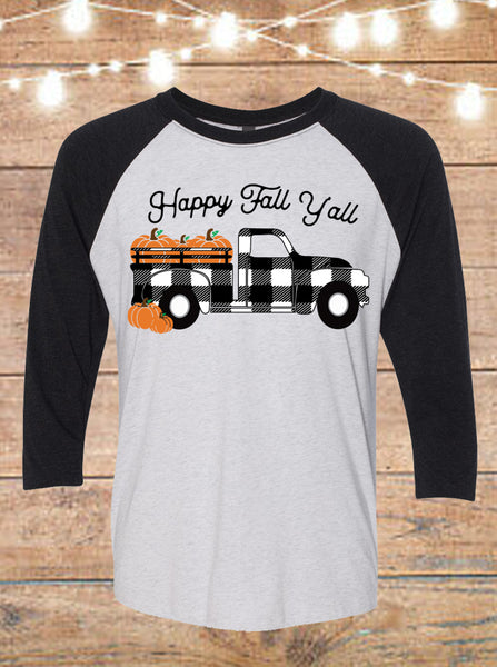 Happy Fall Y'all Plaid Vintage Truck With Pumpkins Raglan T-Shirt