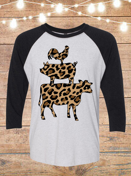 Leopard Farm Animal Stack Cow Pig Chicken Raglan T-Shirt
