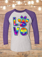 Love Paw Print Tie Dye Raglan T-Shirt