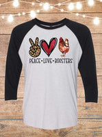 Peace Love Roosters Raglan T-Shirt
