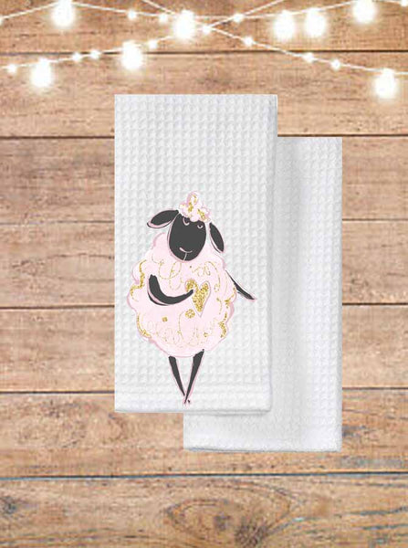 Pink Sheep With Heart Kitchen Towel