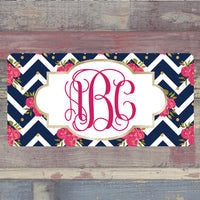 Pink and Blue Chevron Floral License Plate