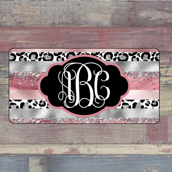 Pink and Silver Leopard License Plate