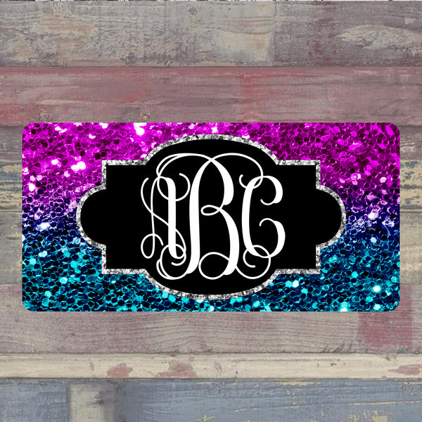 Purple and Teal Glitter License Plate