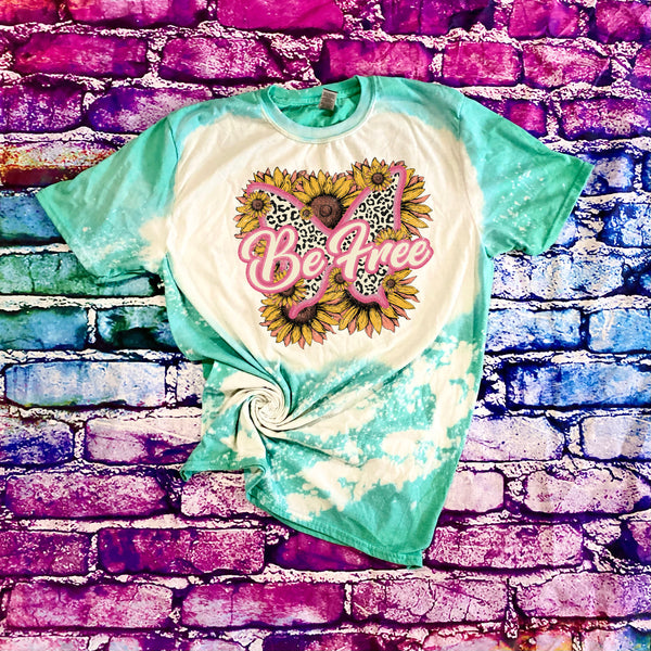 Retro Vintage Be Free Leopard Butterfly with Sunflowers Bleached T-Shirt