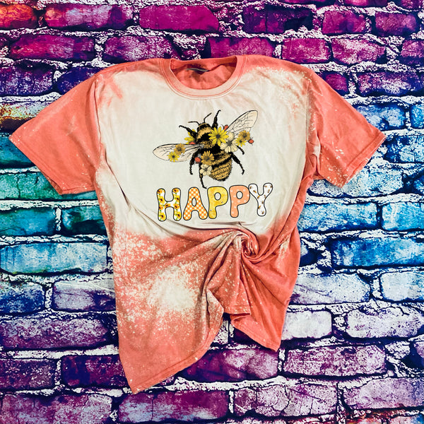 Retro Vintage Bee Happy Bleached T-Shirt