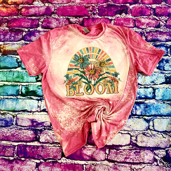 Retro Vintage Bloom with Rainbow and Daisies Bleached T-Shirt