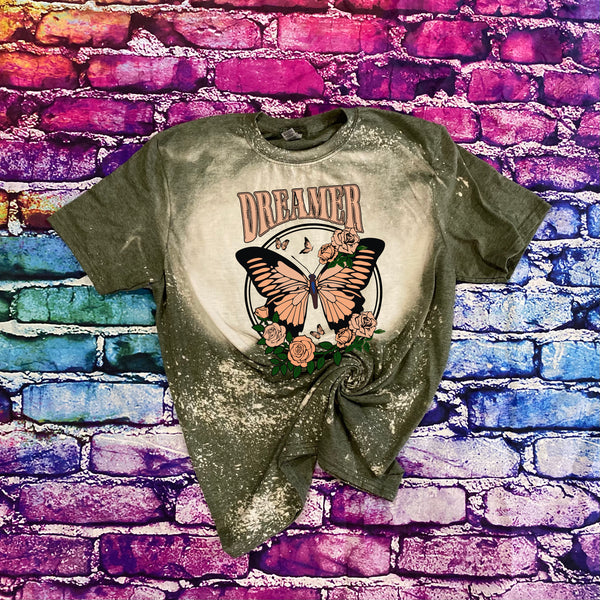 Retro Vintage Dreamer with Butterfly and Roses Bleached T-Shirt