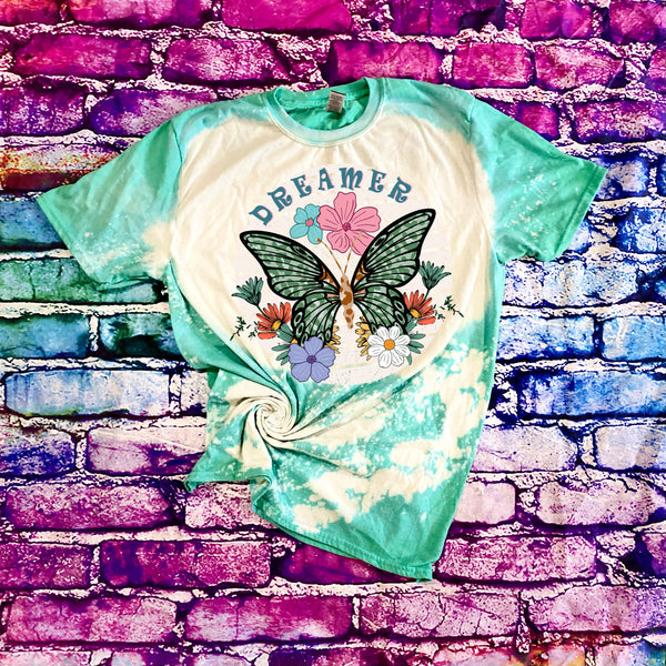 Retro Vintage Dreamer with Butterfly and Wildflowers Bleached T-Shirt