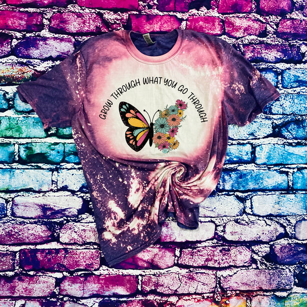 Retro Vintage Grow Through What You Go Through Butterfly and Flowers Bleached T-Shirt