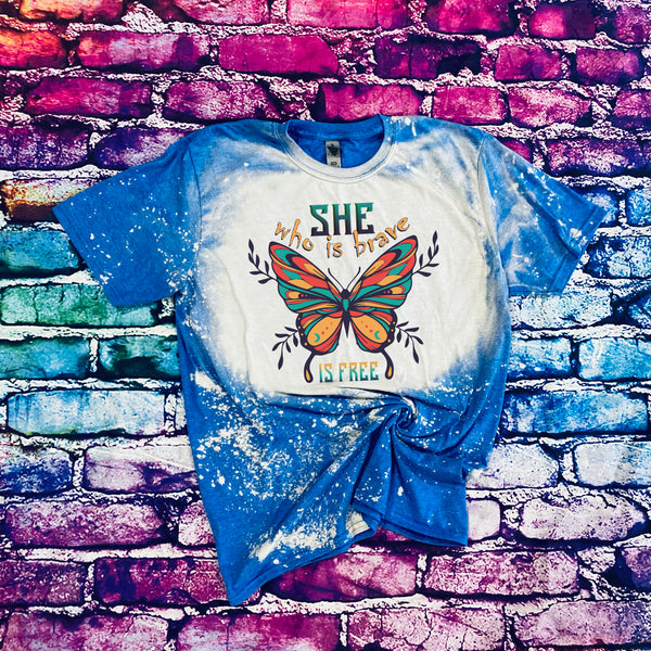 Retro Vintage She Who Is Brave Is Free Butterfly Bleached T-Shirt