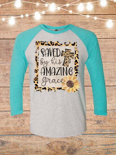 Saved By His Amazing Grace Leopard and Sunflower Raglan T-Shirt