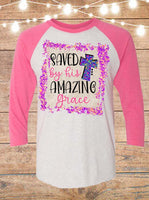 Saved By His Amazing Grace Pink Raglan T-Shirt