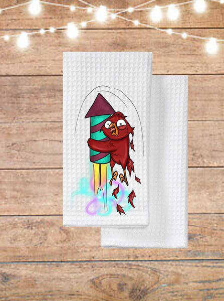 Scared Robin With Firework Kitchen Towel