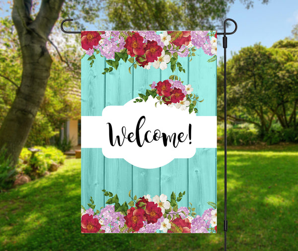 Teal and Red Flower Garden Flag