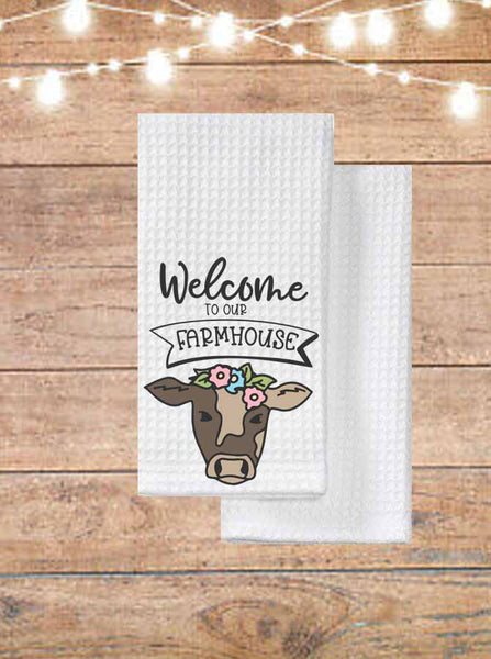 Welcome To Our Farmhouse Cow Kitchen Towel